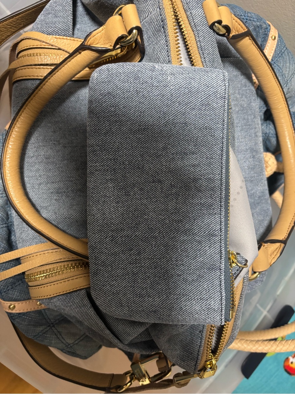Aimee Kestenberg Denim Leather Satchel - Tan Trim & Double Zippers - EUC - Picture 11 of 13